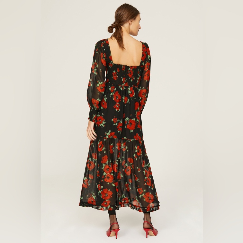 Rixo Dress Womens 6 Black Red Poppy Floral Yas Chiffon Midi Airy Square Neck - Picture 2 of 6